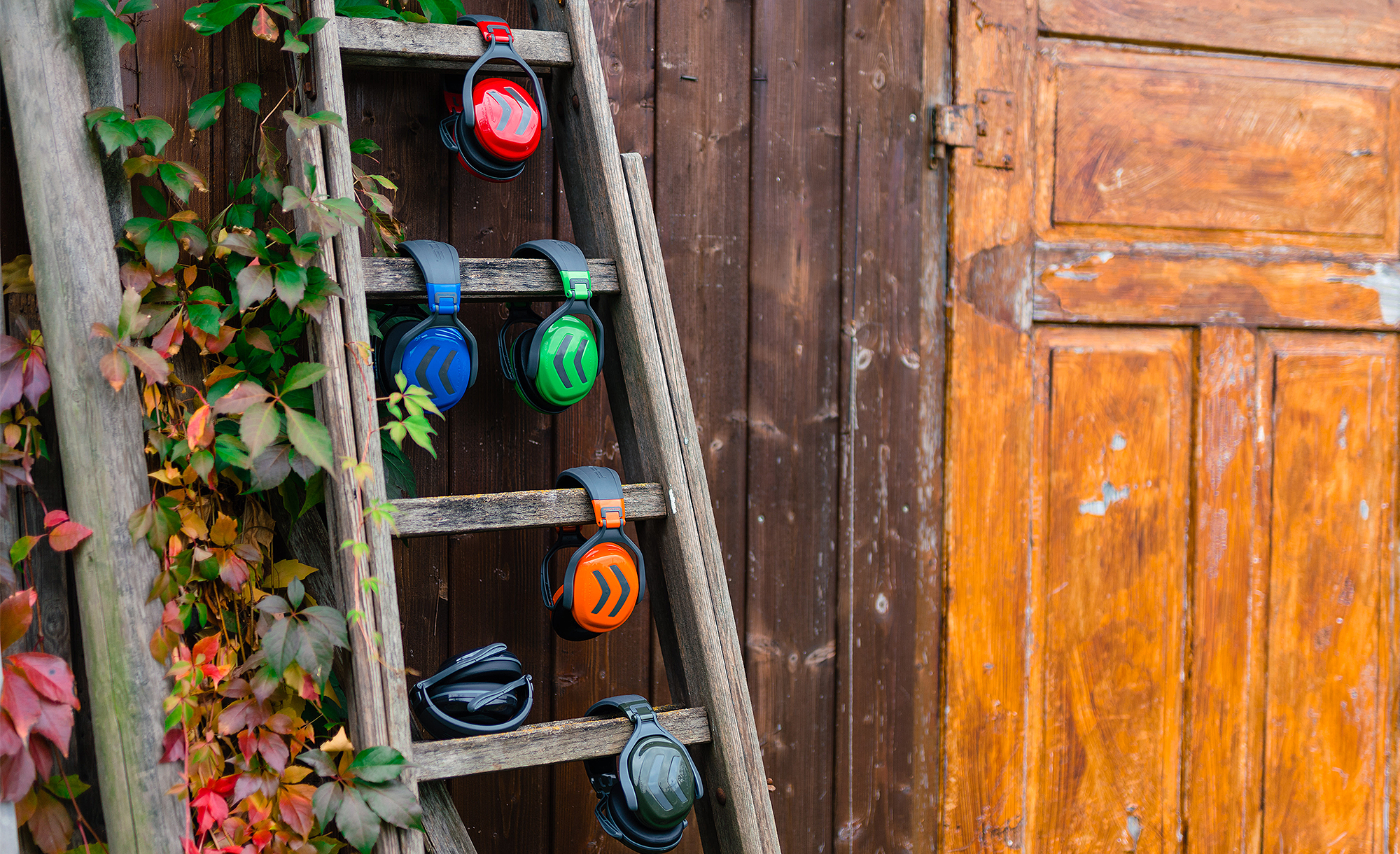Sechs bunte Gehrschtzer hngen geordnet an einer alten Holzleiter vor einer Holzfassade mit herbstlichem Blattbewuchs.