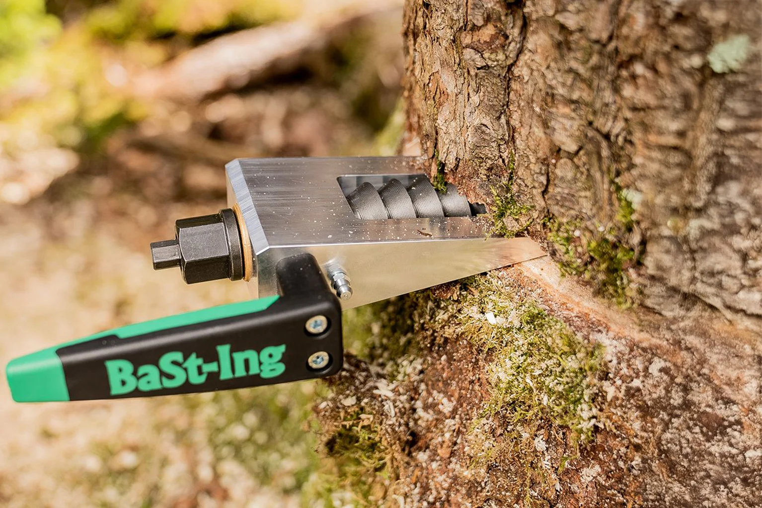 Ein Keil mit Griff steckt in einem Baumstamm und h�lt den S�geschnitt offen. Das Werkzeug ist im Holz verankert, die Baumrinde und feine Holzsp�ne sind deutlich sichtbar.