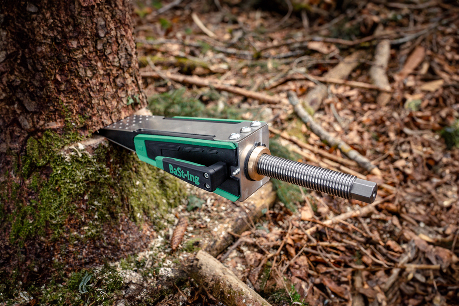 Ein metallisches Keilwerkzeug steckt am Stammfu� eines Baumes im Wald und ist f�r die F�llarbeit positioniert.