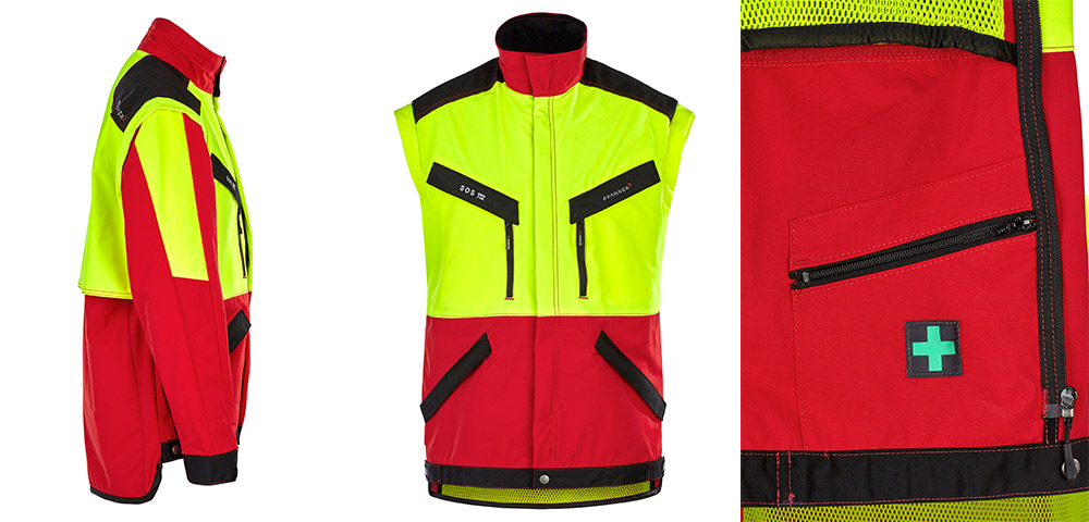 Mehrere Ansichten einer gelb-roten Forstjacke mit abnehmbaren �rmeln, Taschen und Erste-Hilfe-Fach.